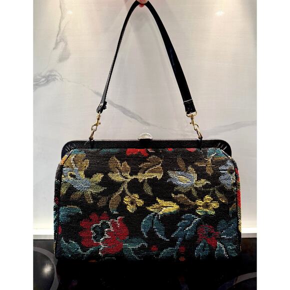 Vintage Carpet Bag Needlepoint Tapestry Structured Satchel Large Floral Black - Picture 15 of 15